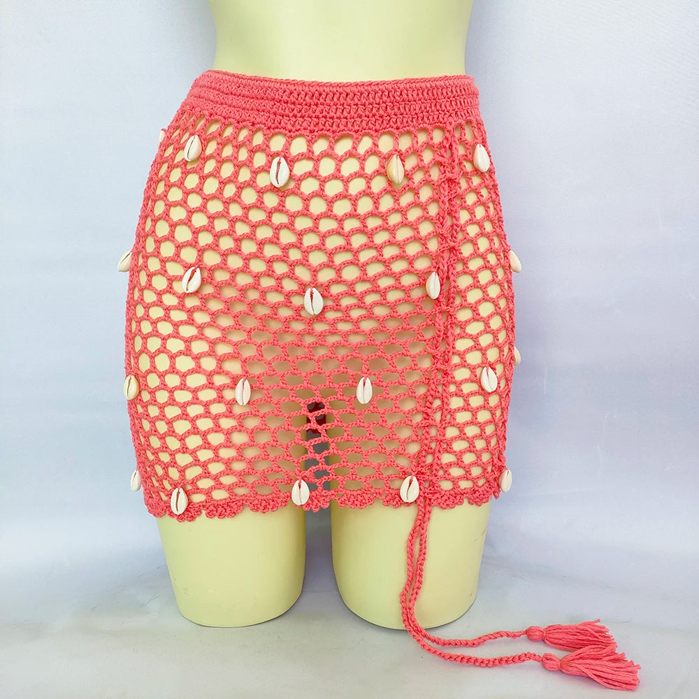 Women Beach Wear Swimsuit Cover-Ups Boho Summer See-Through Hollow Out Bandage High Waist Short Beach Skirt Crochet Knit Skirts