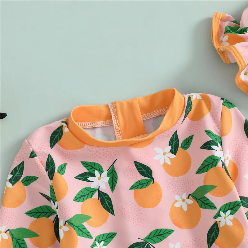 Infant Toddler Newborn Baby Girl Swimsuits Flower Fruit Print Ruffles Rash Guard Swimwear and Swim Cap for Toddler Bathing Suits