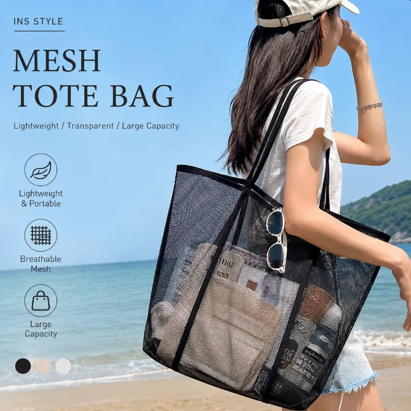 Mesh Beach Bag Lightweight, Breathable & Quick-Dry Travel Tote for Beach Trips Outdoor Activities, and Storage of Towels Toys