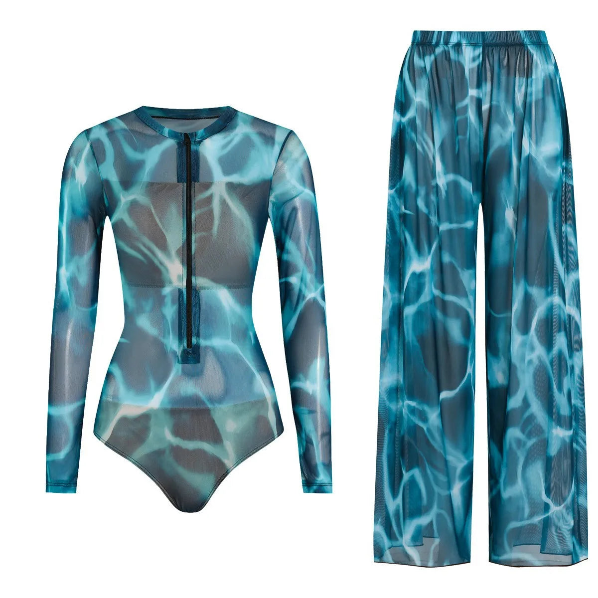 Women's Long Sleeve Swimwear Sunscreen One Piece Swimsuit High Elastic Thickened Mesh Loose Pants SPF35+ New Fitness Beachwear