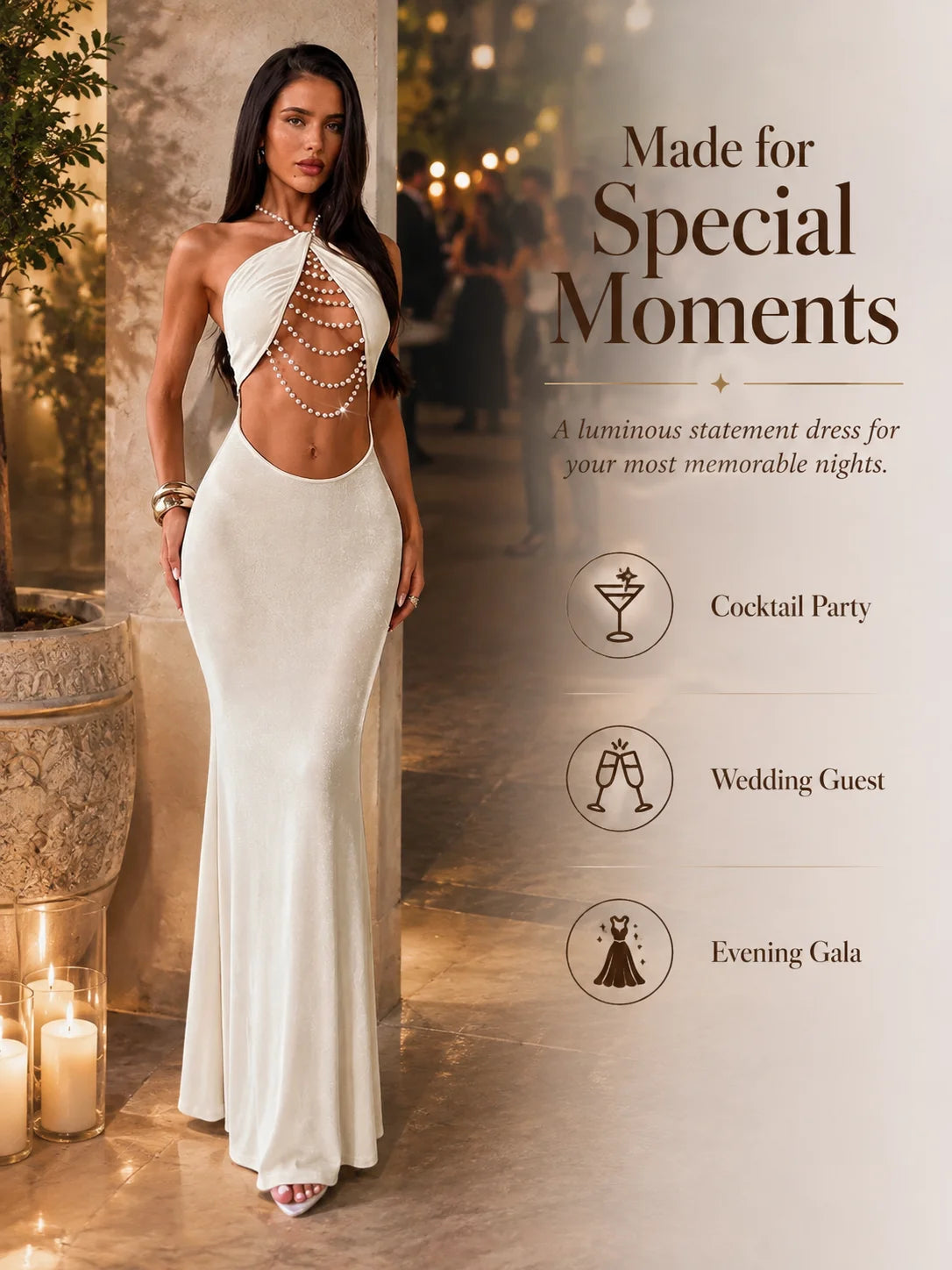 Halter Neck Cutout Bodycon Maxi Dress for Women, Pearl Chain Decor Sleeveless Backless Mermaid Dress Clubwear Cocktail Party Outfit