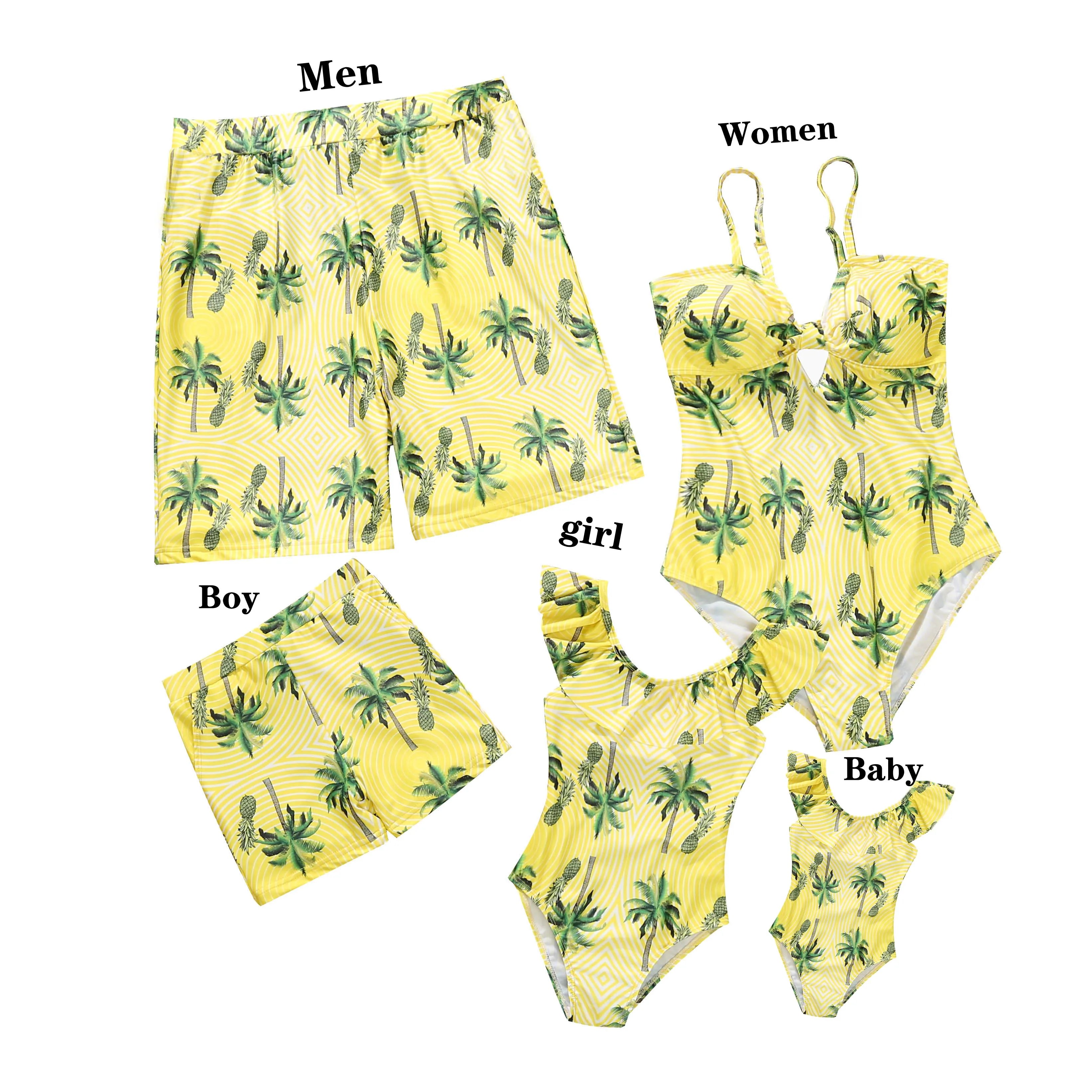 New Family Matching Outfits Leaf Printed Matching Swimsuit Family Look Floral Full Print Multi-color One-piece Matching Swimwear