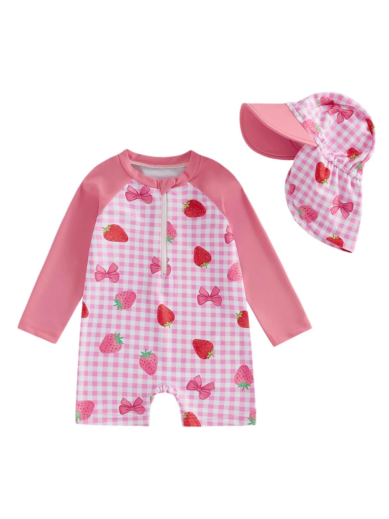 3M-3T Toddler Girl Rash Guard Swimsuit Strawberry/Bow/Cherry Print Long Sleeves Front Zipper Bathing Suit with Hat