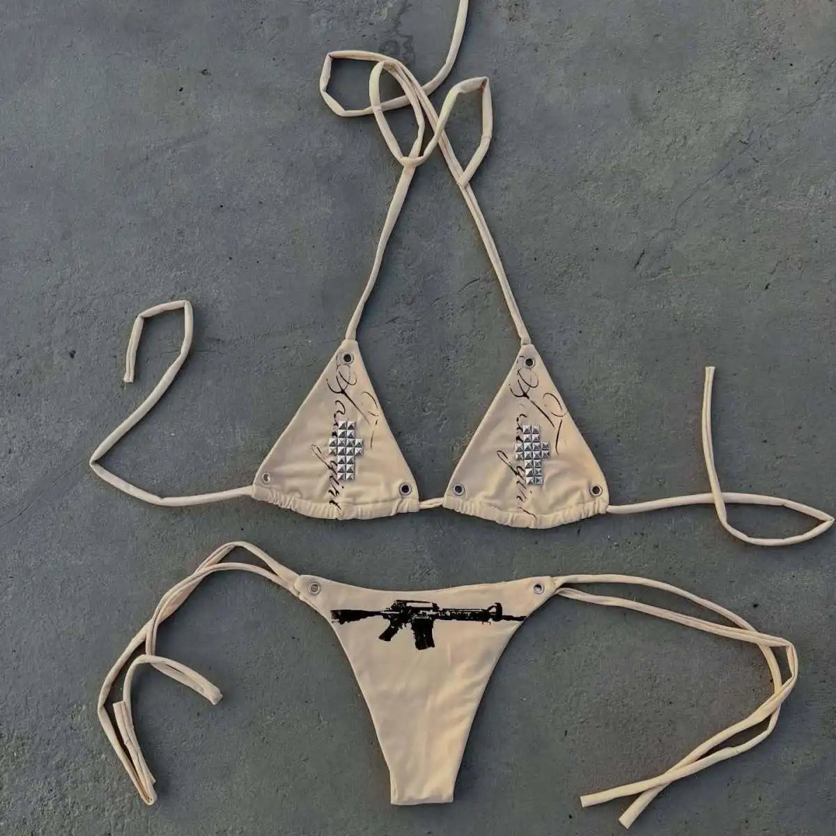 Striped Cross & Paw Print Bikini Set Women Triangle Halter Top Tie Side Bottoms Summer Y2K Punk Aesthetic Beachwear