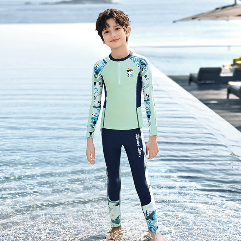 Full Body Boys Swimwear Sun Protection Kids Swimsuit Two Piece Children Long Sleeve Bathing Suit Summer Swimming Pool Clothes