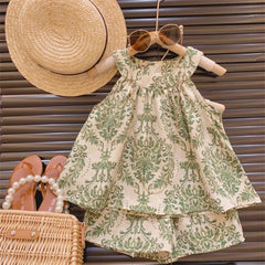 2024 New Girls Outfit Summer Small Floral Halterneck Sleeveless Suspender Set Girl Refreshing Shorts Two-Piece Set