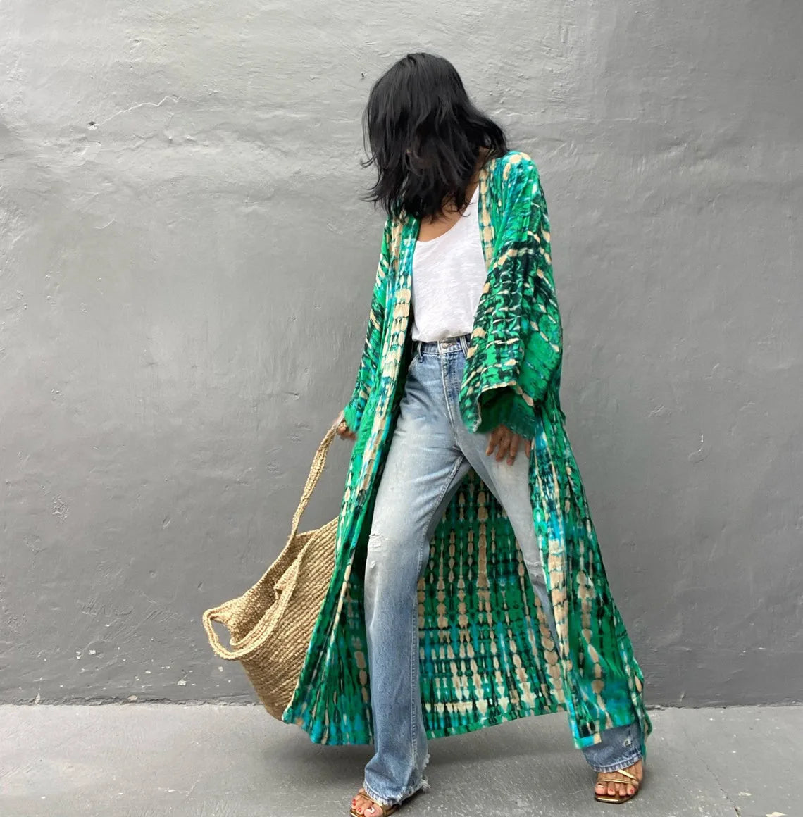 Women's Boho Stripe Tie Dye Swimsuit Cover Up with Belt Tunic Sarong Cardigan Dress Bikini Cover-ups Beach Wear Kimono