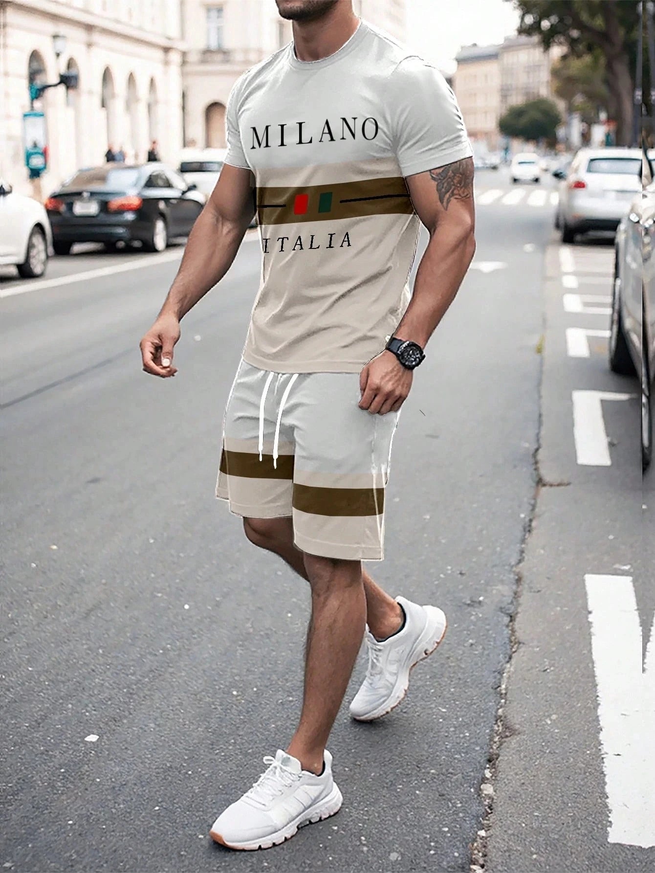 Summer Men's Stripe Letter Print Short Sleeve Top Shorts 2 Pieces Set Oversized Loose Round Neck T-shirt Man Drawstring Shorts