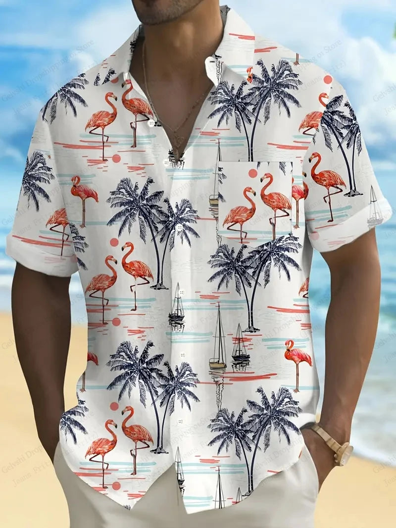 Summer Men's Vocation Lapel Camisa Oversized Hawaiian Shirts Flamingo 3d Print Fashion Men Women Beach Short Sleeve Blouse Boy