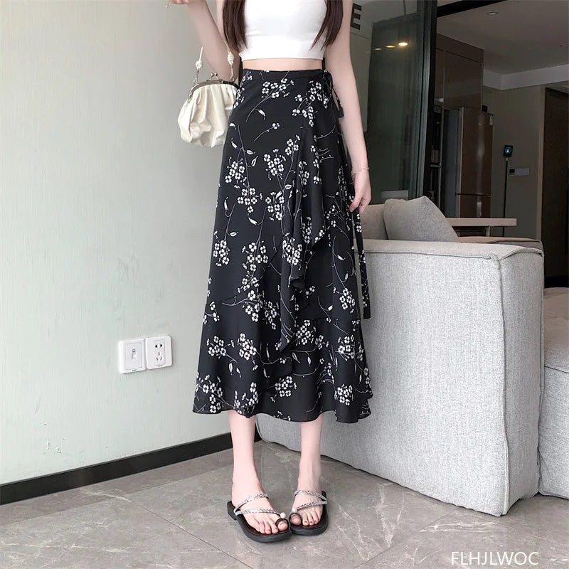 Wrap Up Chic Korea Clothes Women Cute Girls Floral Robe Holiday Beach Date High Waist Retro Vintage One-Piece Lace-Up Skirts