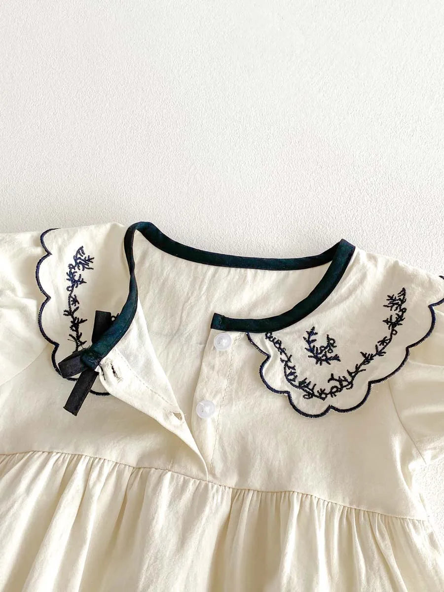 Baby Summer Embroidered Lapel Short Sleeve Triangle Jumpsuit Girl Baby Sweet Cute Jumpsuit with Bow for Summer Toddlers and Baby