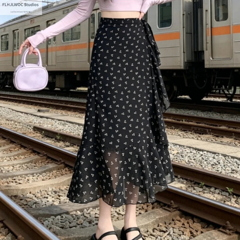 Wrap Up Chic Korea Clothes Women Cute Girls Floral Robe Holiday Beach Date High Waist Retro Vintage One-Piece Lace-Up Skirts