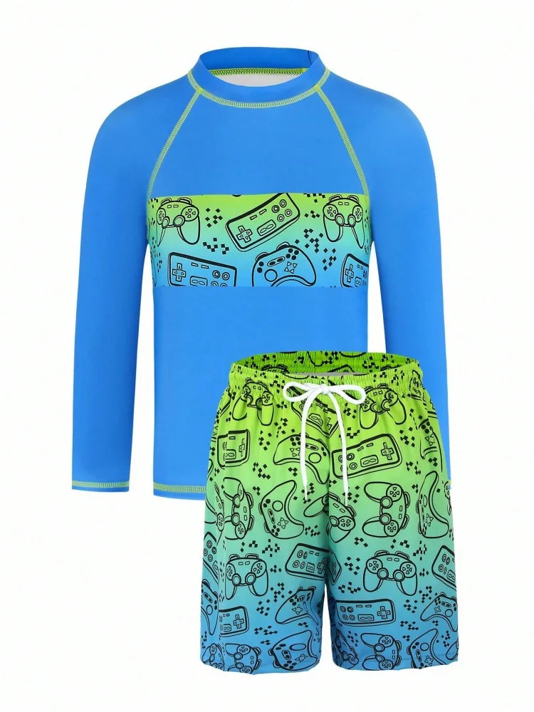 Boy Kids Swimsuit 2026 New Solid Print Long Sleeves Children Swimwear Summer Two Piece Beach Shorts Beach Bathing Suit Swimming