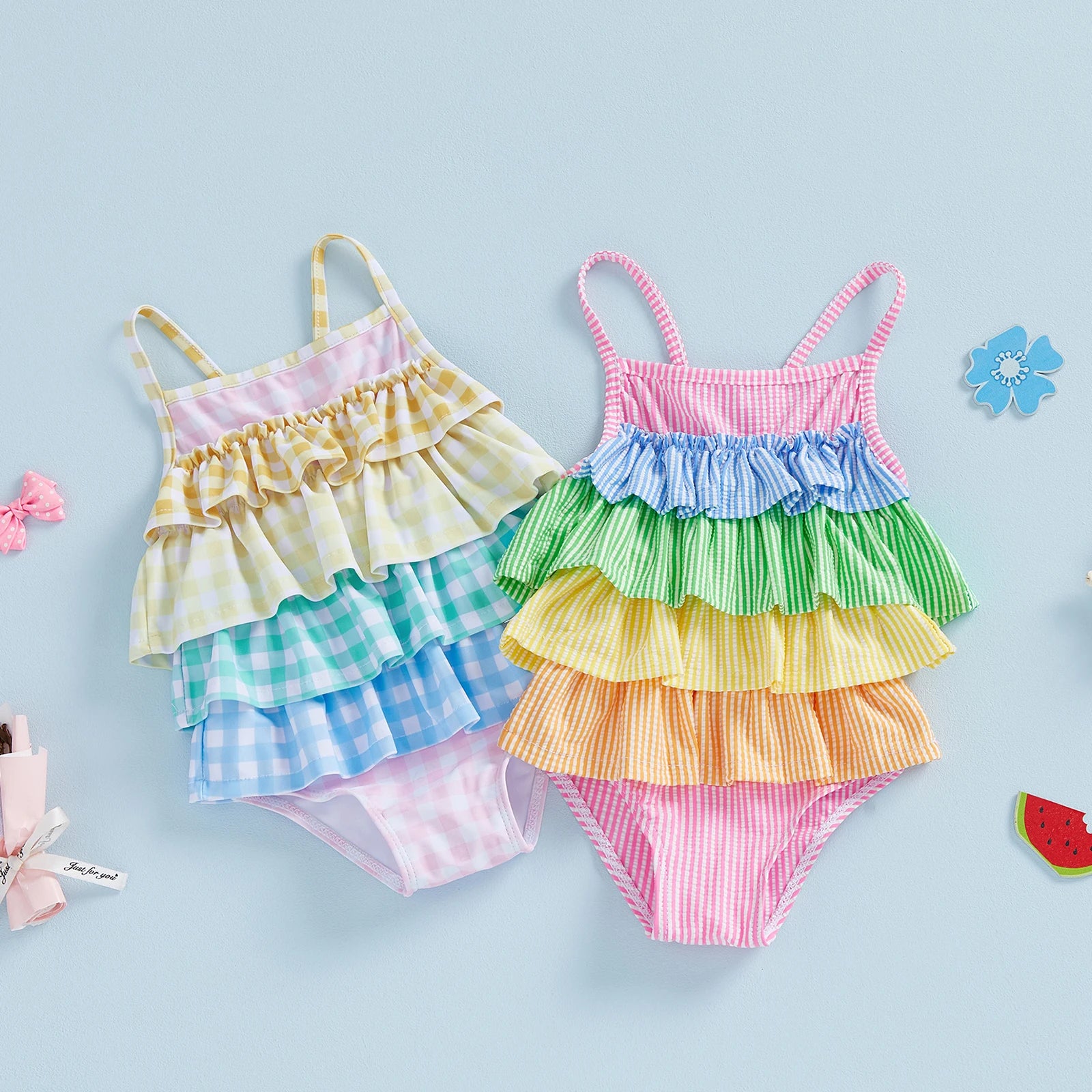 Little Girls Summer Cami Romper Swimsuit Sleeveless Tiered Striped/Plaid Swimwear