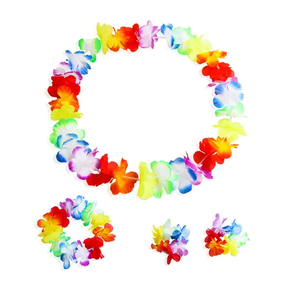 4pcs/set Hawaiian Flower Lei Hula Necklace Garland Headband Wristbands Wedding Decorations Beach Tropical Party Supplies