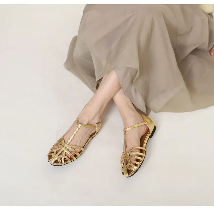 ZAROY Women's Sandals Summer Casual Footwear T-tied Cross Strap Flat Sandals Weave Hollow Roman Sandalia Zapatos сандали
