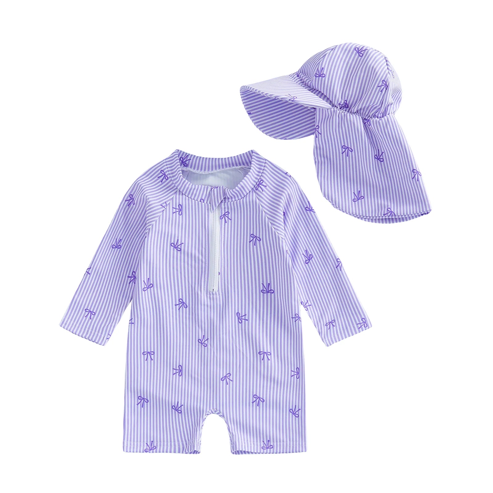 0-24M Newborn Baby Girl Rash Guard Swimsuit Cute Fashionable Striped Bow Printed Long Sleeve Swimwear with Hat