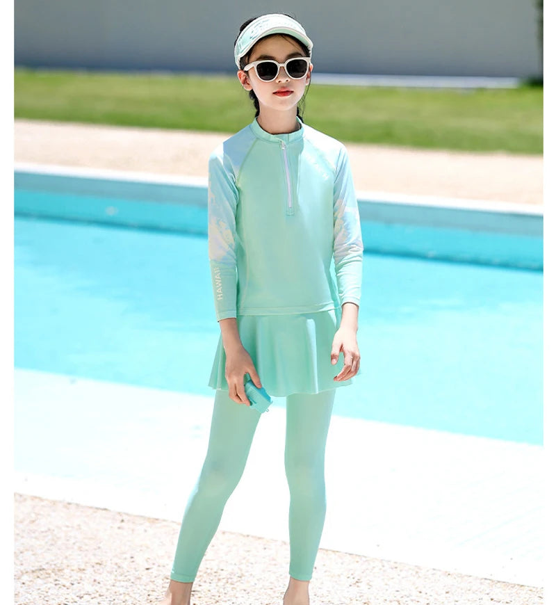 Two Piece Long Sleeve Girls Swimwear With Skirt Burkini Swimsuit Kids Children Modest Swimming Suit Sun Protection Beachwear