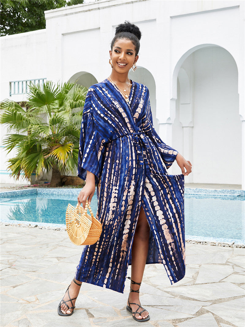 Long Kimono Swimsuit Cover up for Women Stylish Tie Dye Open Front Beach Outfits Bathing Suit