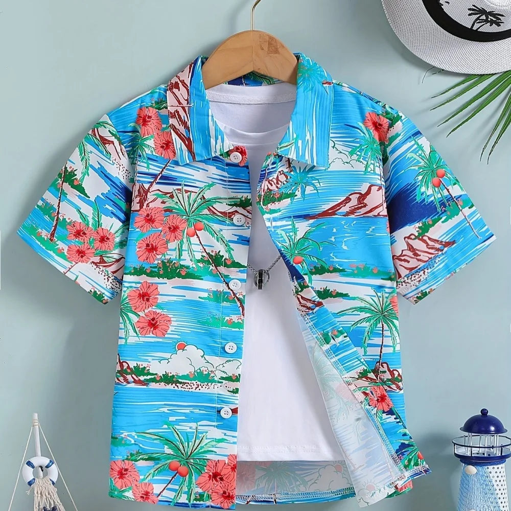 Hawaiian Children's Shirt Coconut Tree Pattern Print Kids's Short Sleeves Shirt Holiday Seaside Tops Outdoor Children's Clothing