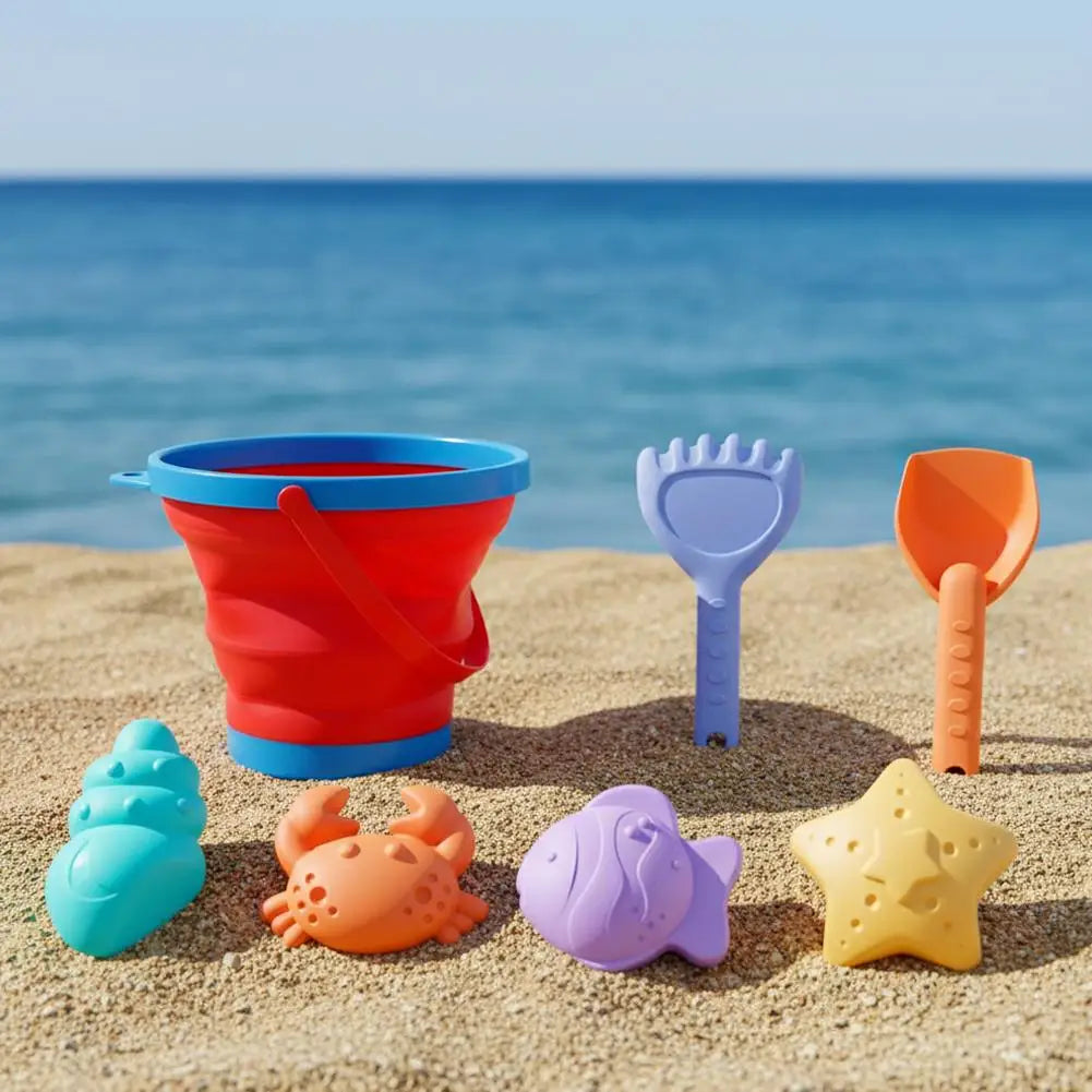 Foldable Beach Sand Toys Set Collapsible Bucket with Shovel & Molds for Sand, Snow & Water Play Portable Beach Toys for Toddlers