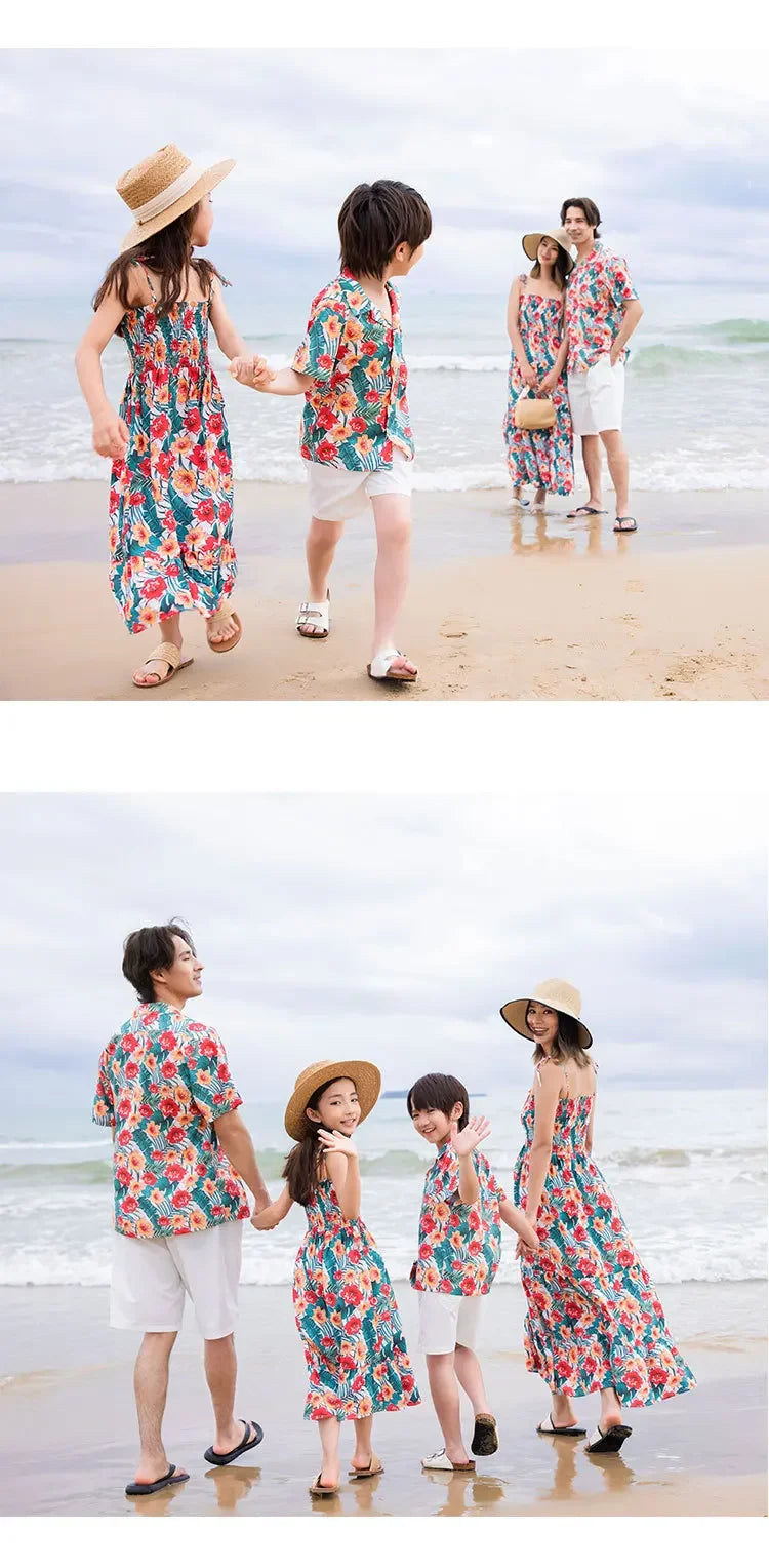 Family Holiday Clothes Dad and Son Boy Beach Shirts Two Piece Sets Vacation 2023 Mom and Baby Girl Floral Smock Dress Sleeveless