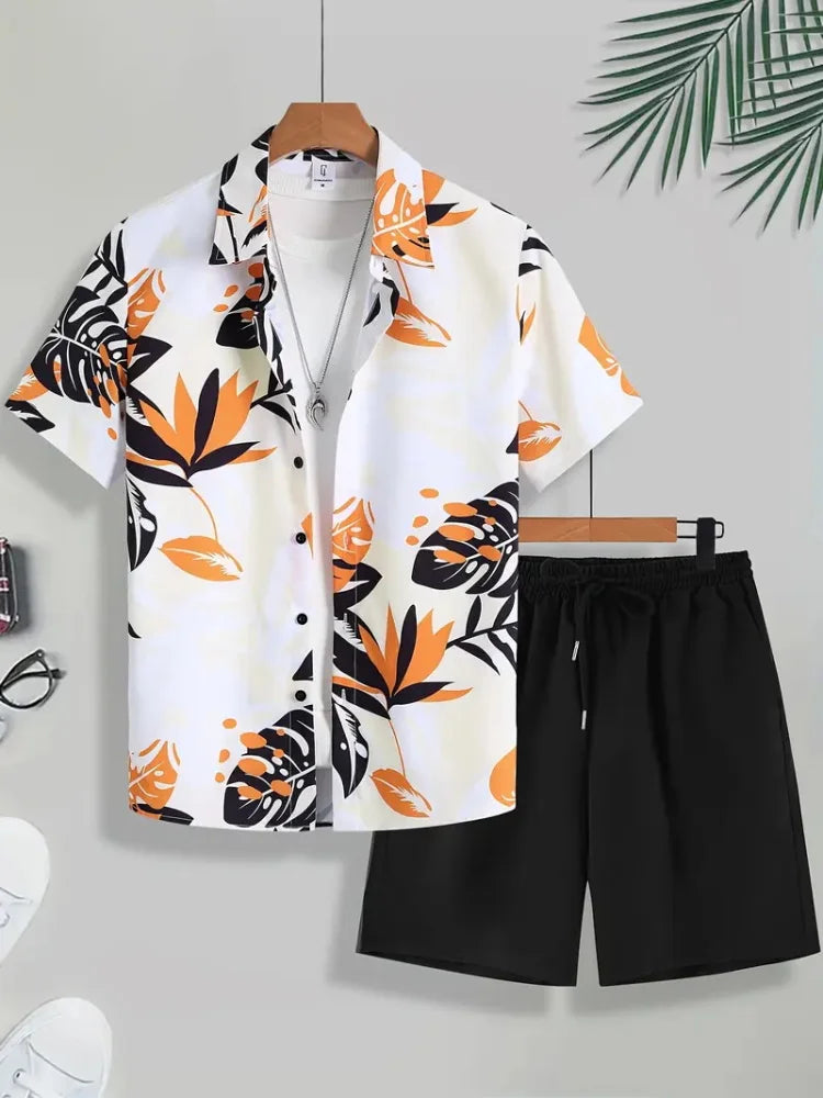 Men's Short-sleeved Shirt Set Blue Ocean Palm Tree Print Hawaiian Seaside Vacation Style Shirt Set
