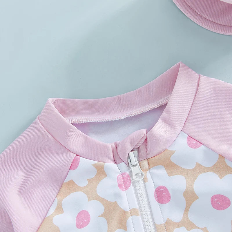 Tregren Toddler Girl Long Sleeve Swimsuit Floral/Flamingo Print Half Zipper Rash Guard Swimwear with Sun Hat Infant Beachwear