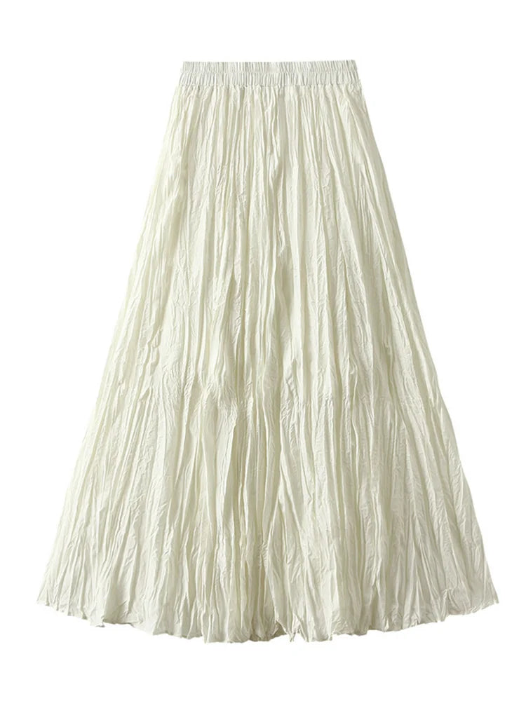 Streamgirl Women Summer Skirts Long Pleated A Line Elegant Solid Big Swing Maxi Skirt Ladies Blue White Beach Skirt Women Luxury