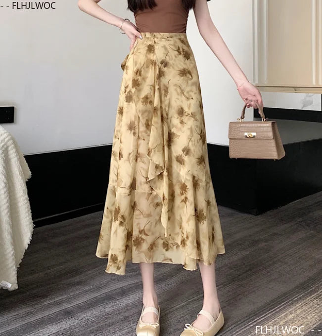 Wrap Up Chic Korea Clothes Women Cute Girls Floral Robe Holiday Beach Date High Waist Retro Vintage One-Piece Lace-Up Skirts