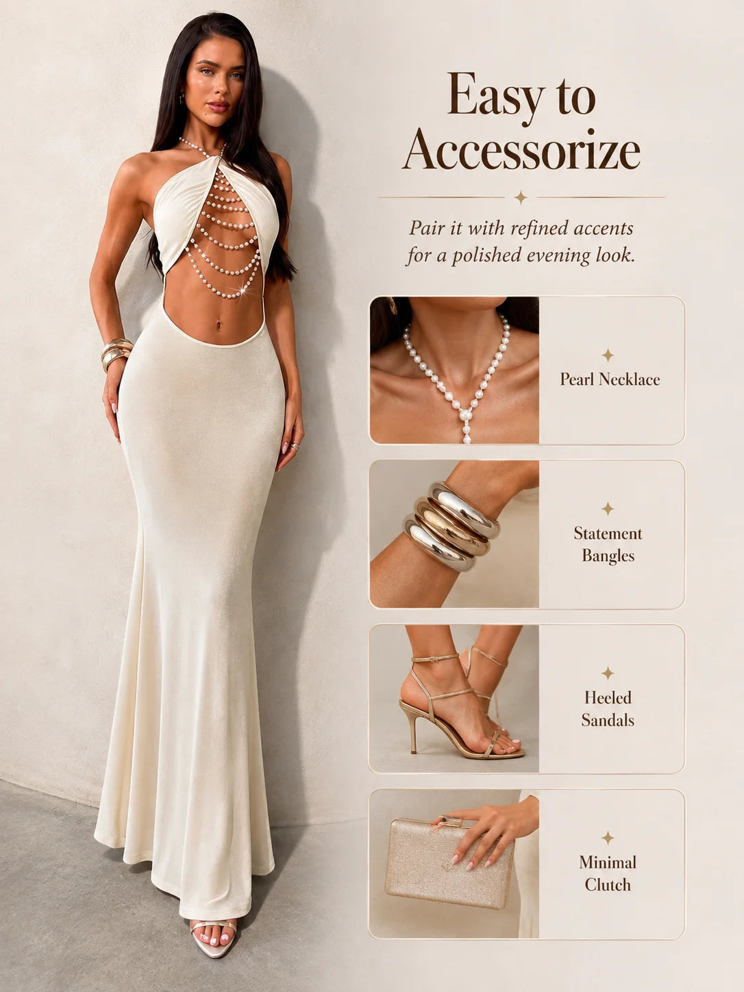 Halter Neck Cutout Bodycon Maxi Dress for Women, Pearl Chain Decor Sleeveless Backless Mermaid Dress Clubwear Cocktail Party Outfit