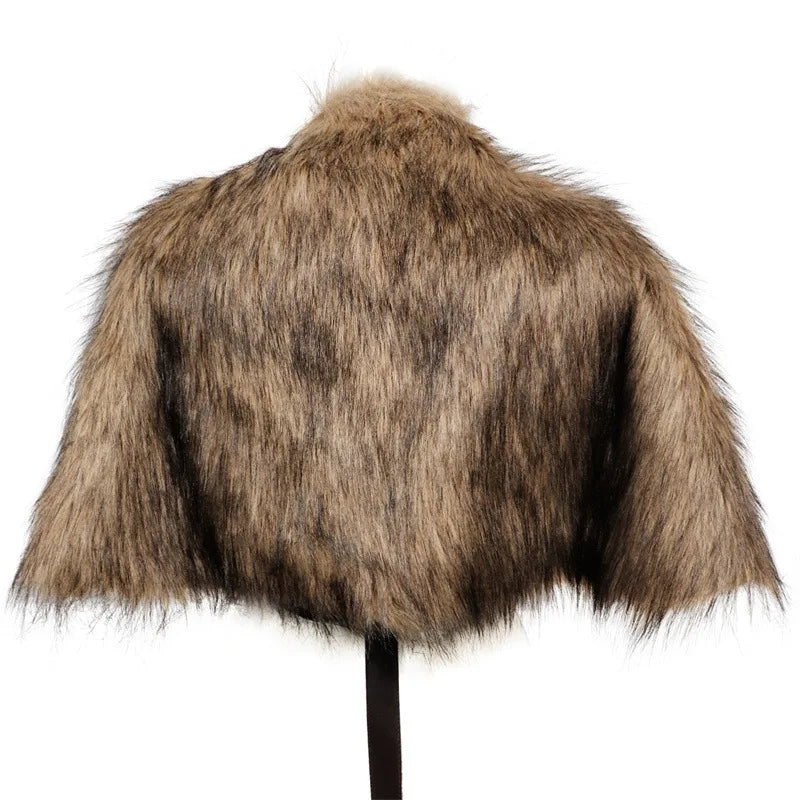 Fur Collar Cape Medieval Winter Clothing King Warrior Viking Fur Shawl With Chest Strap Faux Fur Cloak Halloween Cosplay Costume
