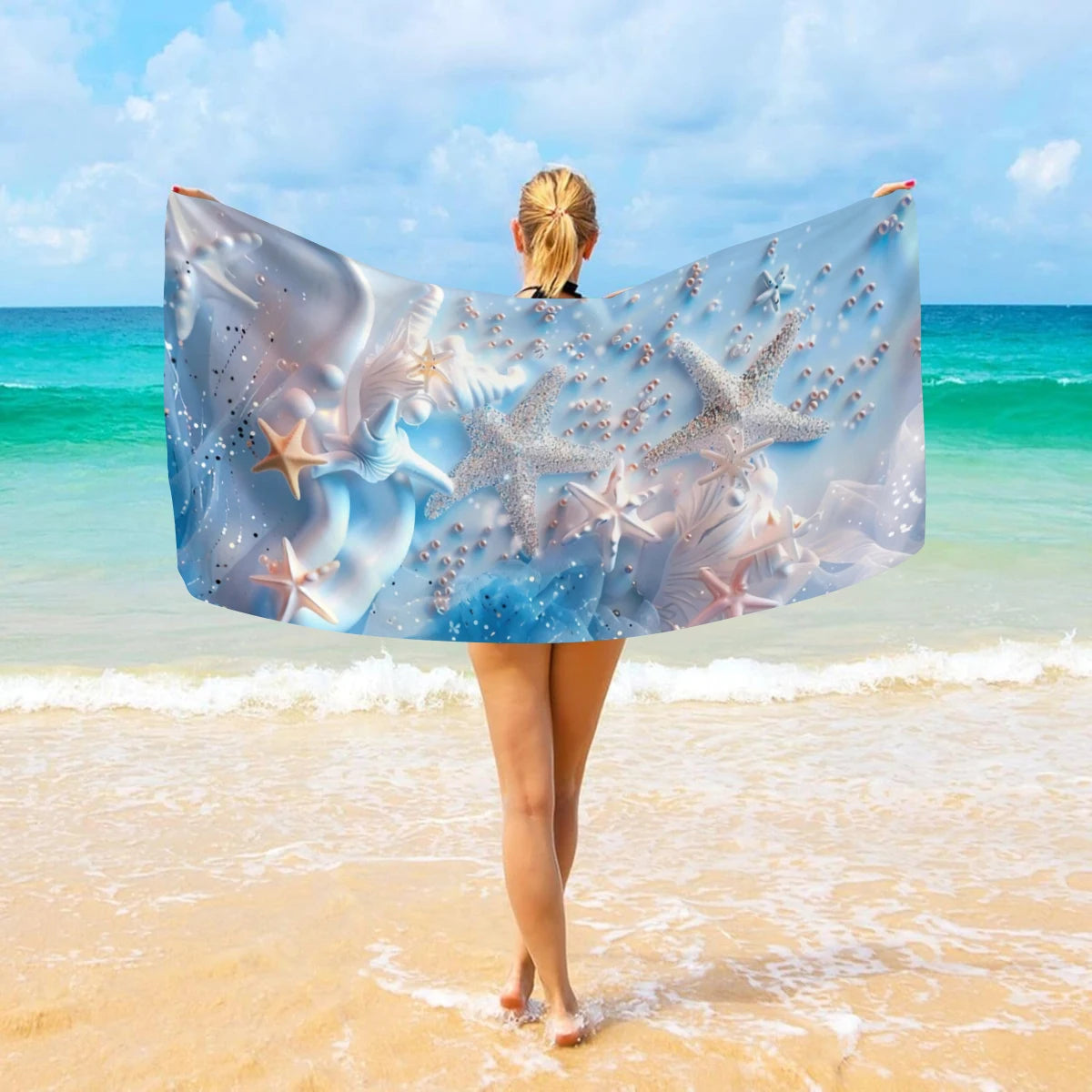 1pc Ocean element beach towel, suitable for outdoor sports, swimming, and fitness center multifunctional beach towel