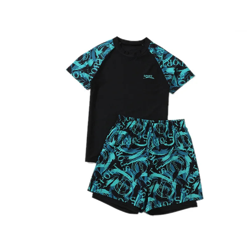 Children's Swimwear with Cap, Split Body, Short Sleeve, Two Piece Swimsuit for Men, Teenagers, Boys, New, Hot Spring Set, 2024