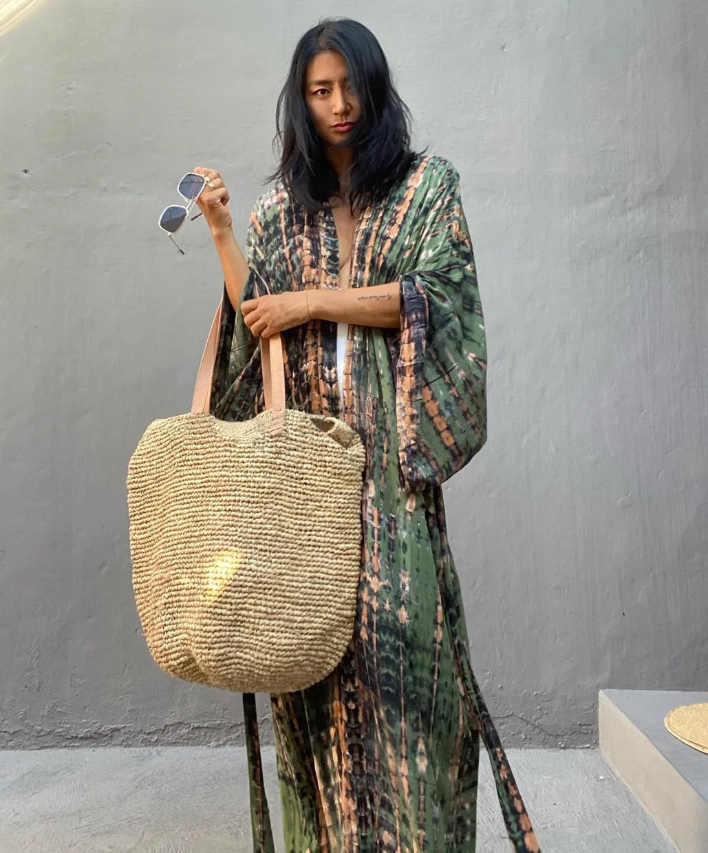 Beach Cover Ups Women Tie Dye Printed Kimono Cardigan Self Belted Wrap Dresses Summer Holiday Bathing Suits