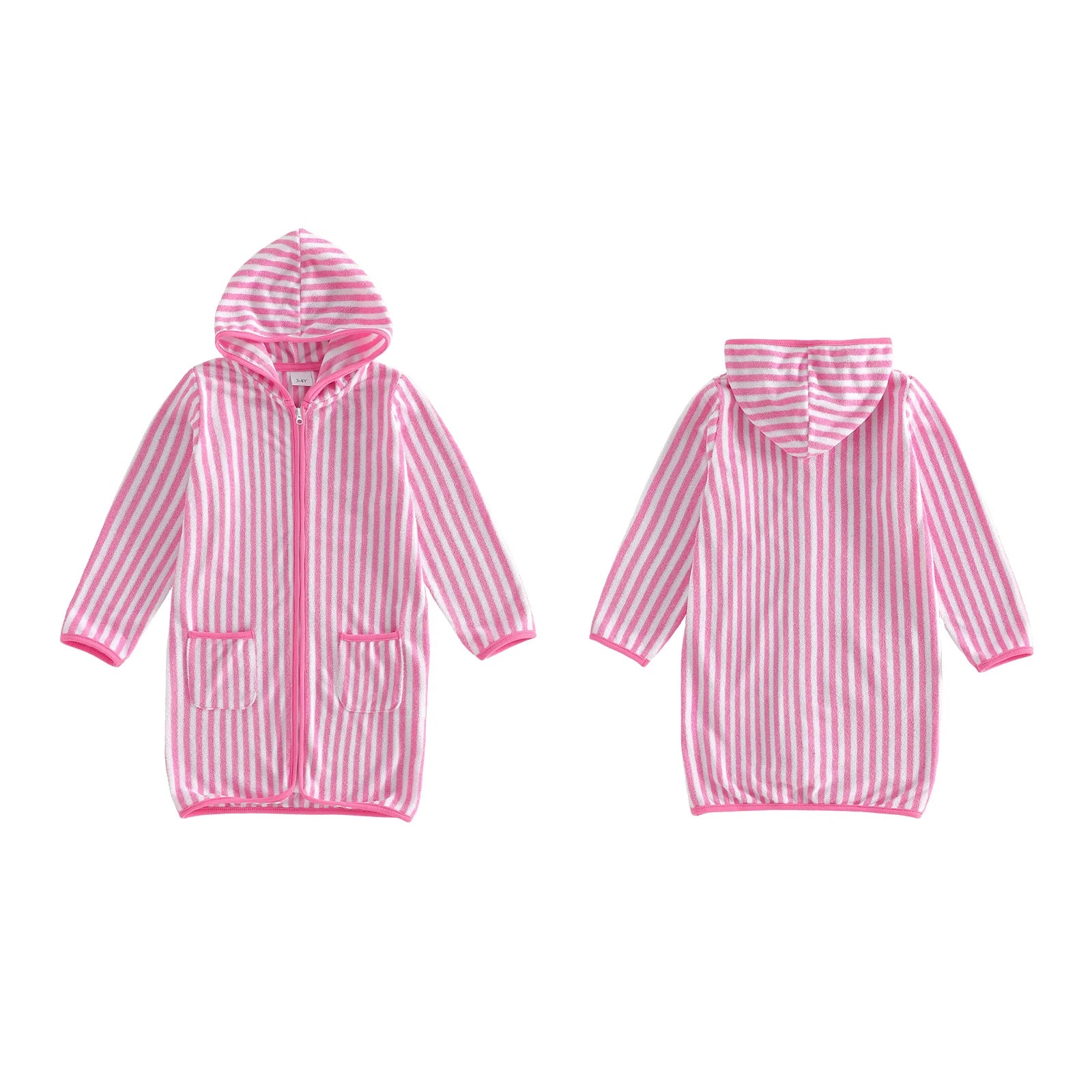 1-6Y Kids Bath Robes Towel Long Sleeve Front Zipper Striped Surf Poncho Swimming Outerwear for Boys Girls Beach Cover-ups