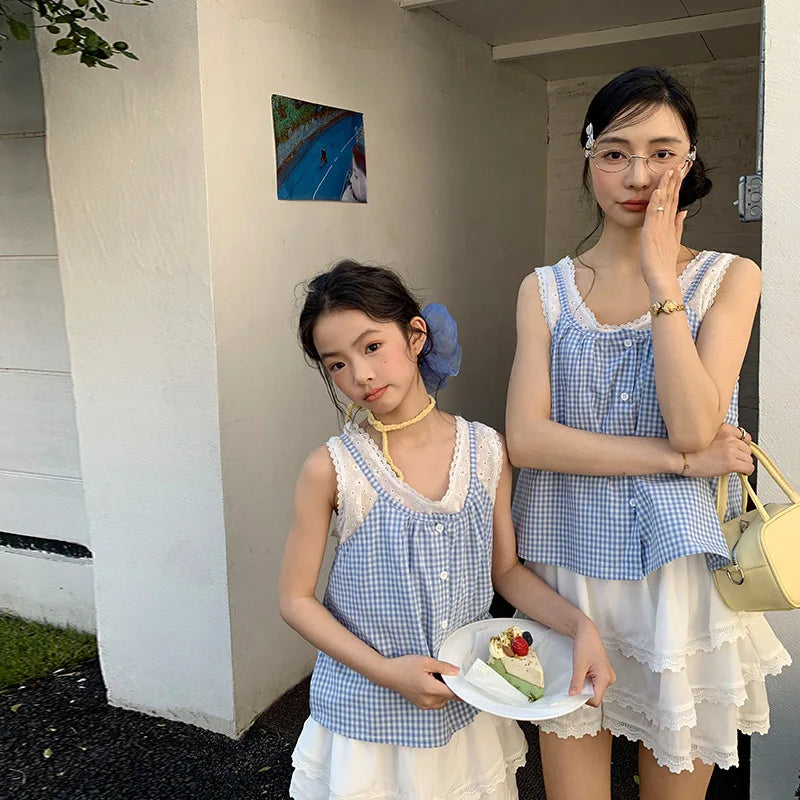 Beachwear Family Look Outfits Blue Plaid Shirt Lace Decor Camis White Shorts Skirt Parent-child Matching Clothes Soft Streetwear