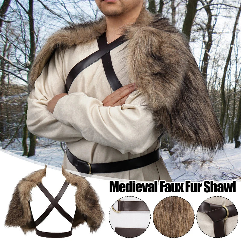 Fur Collar Cape Medieval Winter Clothing King Warrior Viking Fur Shawl With Chest Strap Faux Fur Cloak Halloween Cosplay Costume