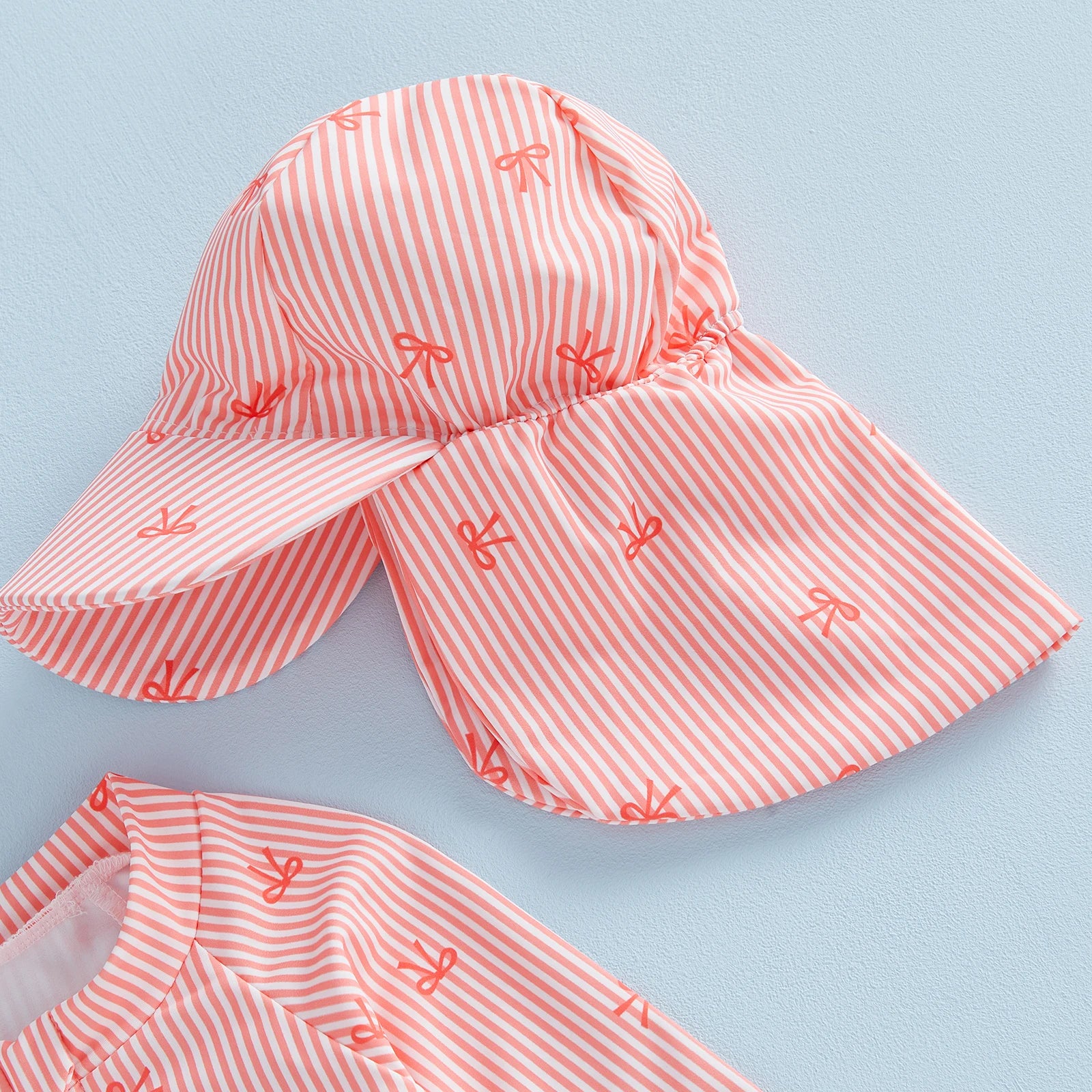 0-24M Newborn Baby Girl Rash Guard Swimsuit Cute Fashionable Striped Bow Printed Long Sleeve Swimwear with Hat