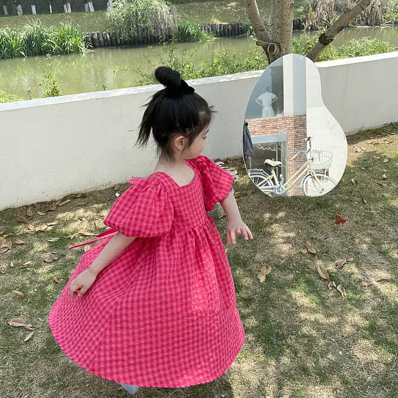 2025 New Children's Dress Girls' Summer Korean Edition Fashion Bubble Sleeves Checkered Strap backless Dress 1-6Y