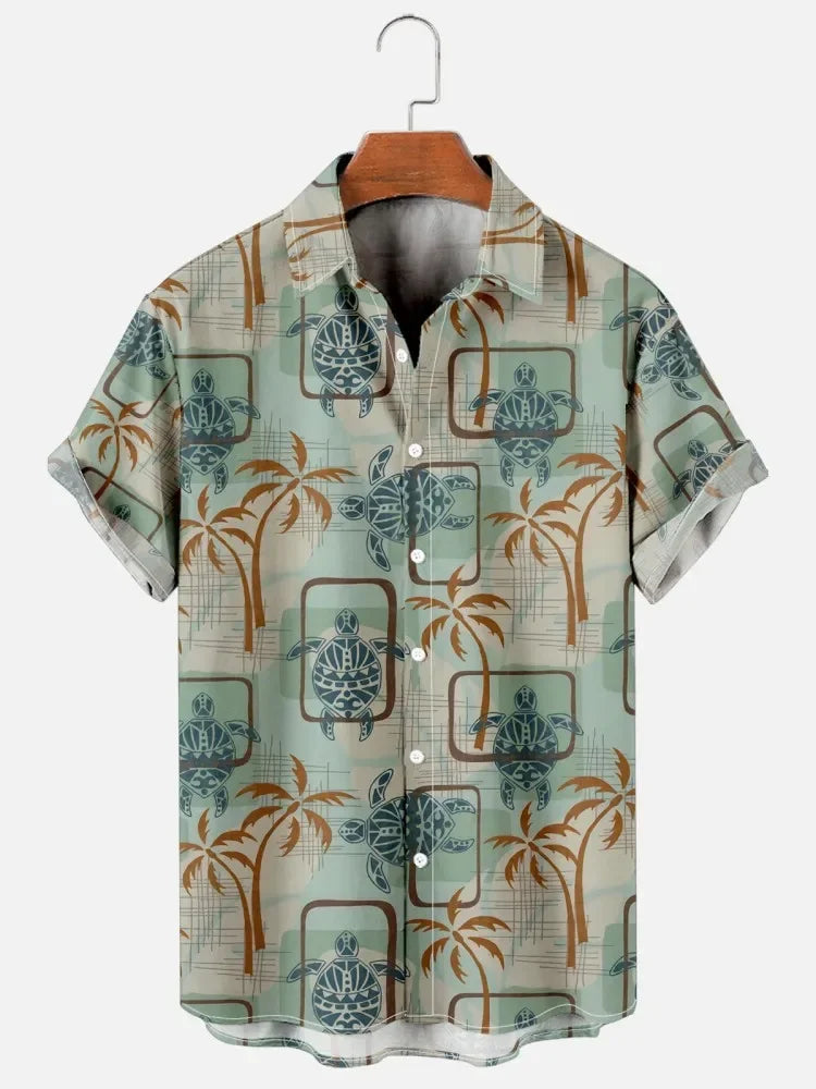 Hawaiian Men's Print Short  Sleeve Shirt Beach Coconut Tree Fashion Lapel Top 2025 New for Men Floral Clothes