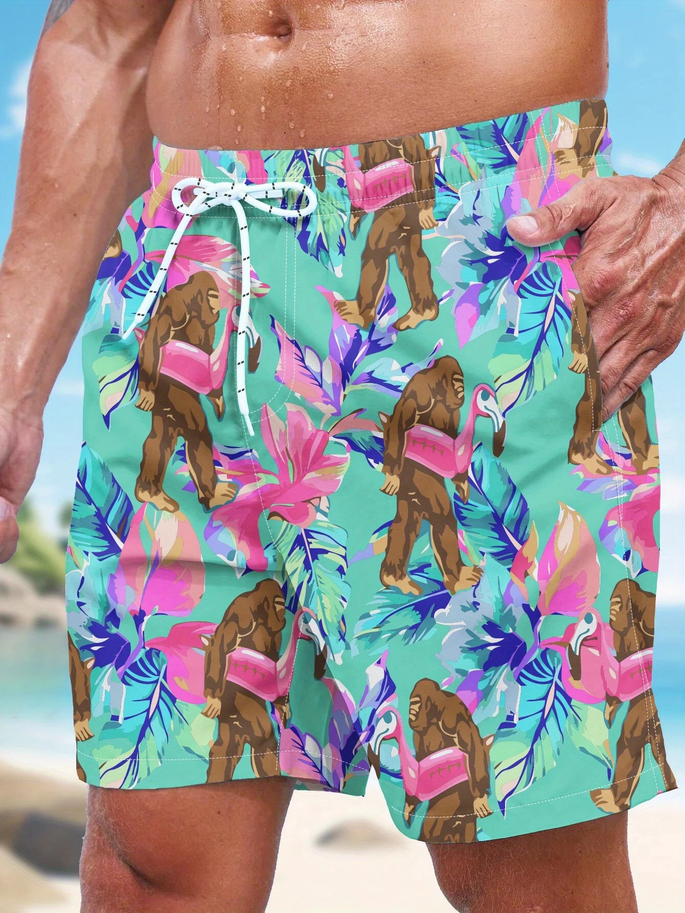 Mens Bigfoot Tropical Leaf Pink Base Print Quick Dry Board Shorts Elastic Drawstring Swim Trunks Summer Beach Casual Outfit