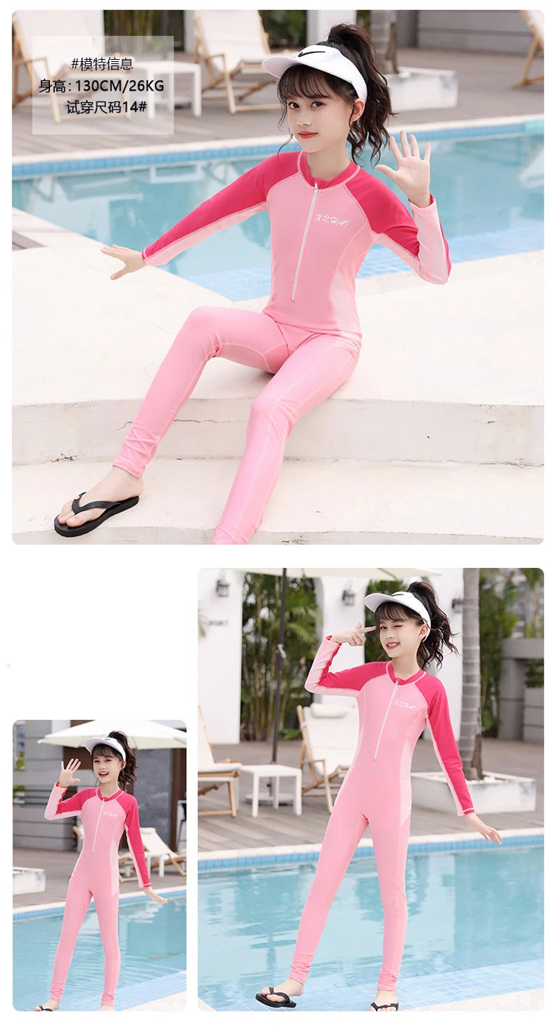 One Piece Girls Swimwear Full Cover Long Sleeve Swimsuit Kids Sun Protection Swimming Suit Teenage Korean Style Bathing Suit