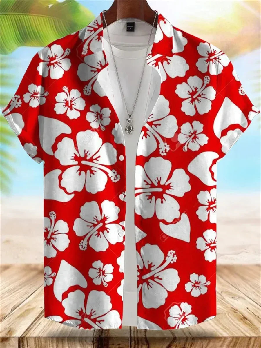 2026 Summer New Men's Tropical Floral Print Short-Sleeve Shirt, Casual Loose Fit, Vacation Style, Beachwear, Hawaiian Shirt