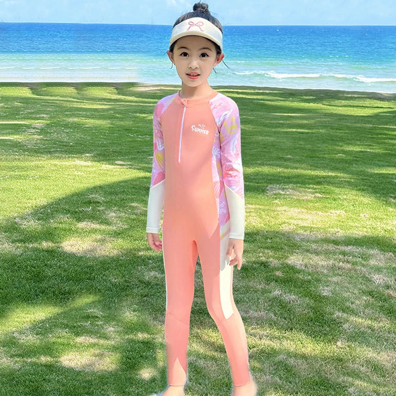 Sun Protection One Piece Girls' Swimsuit Girl Kids Swimming Suits Long Sleeve Childrens Bathing Suit Beachwear Surfing