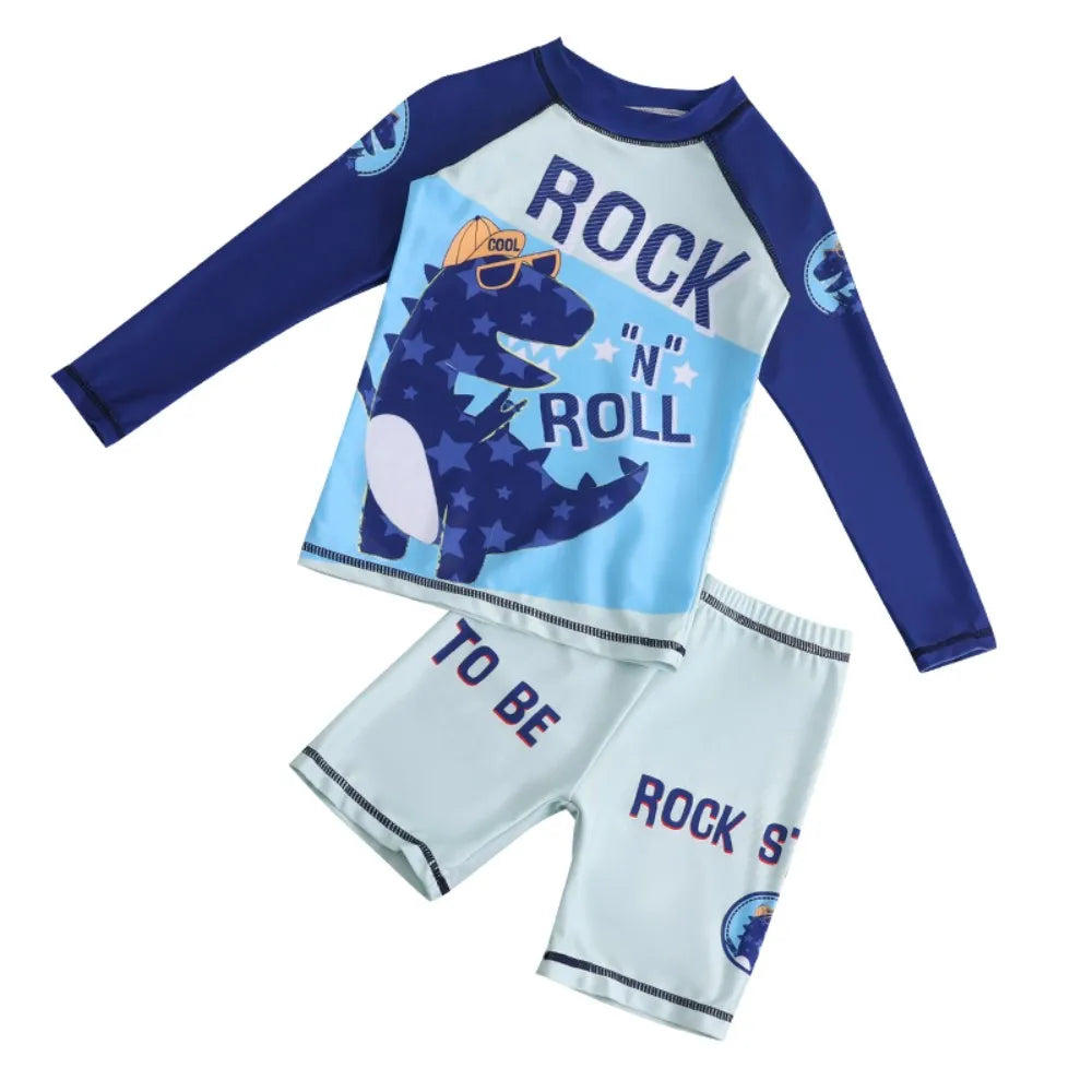 Boys Dinosaur Swimwear Set 2Pcs Kids Long Sleeve Rash Guard Swim Shirt + Shorts Toddler Swimming Suits Beachwear for Boys