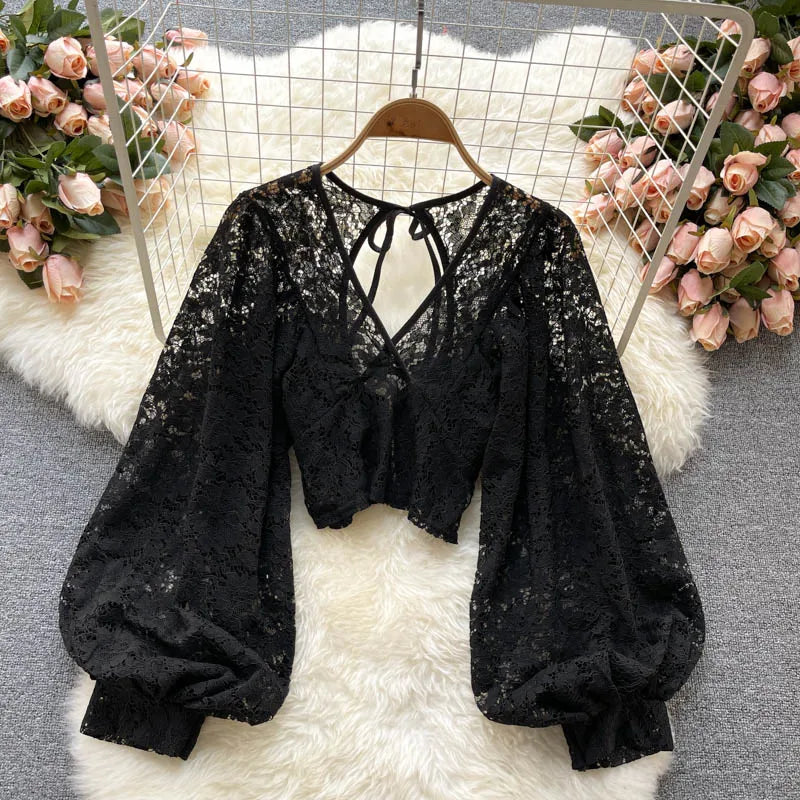 Frenchic Sexy Blusas Mujer Crochet Lace Sheer Women Tops V-neck Lantern Sleeve Backless Lace-up Ladies Elegant Blouse