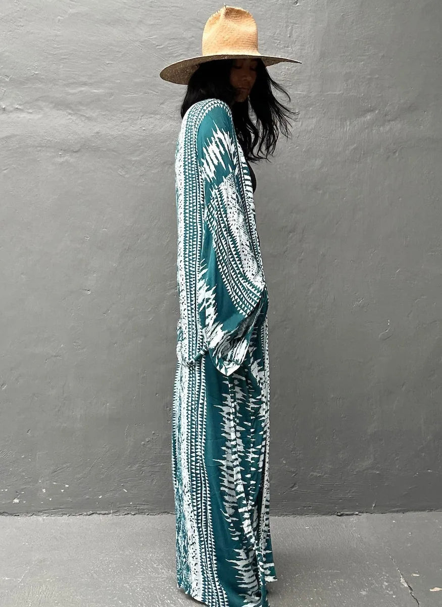 Beach Cover Ups Women Tie Dye Printed Kimono Cardigan Self Belted Wrap Dresses Summer Holiday Bathing Suits