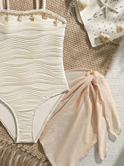 Kids Girls 2-Piece Seashell Starfish Decor Wavy Textured One Piece Swimsuit & Sheer Beach Sarong Cover Up Set