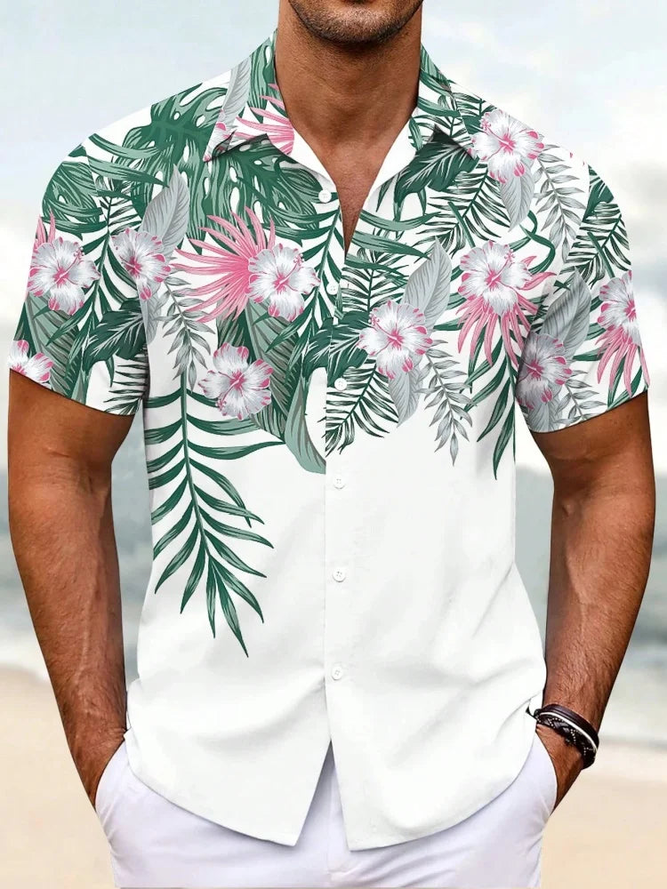 Summer Men's Lapel Shirt Tropical Simple Floral Print Hawaiian Style Street Trend Casual Single-breasted Short-sleeved Shirt